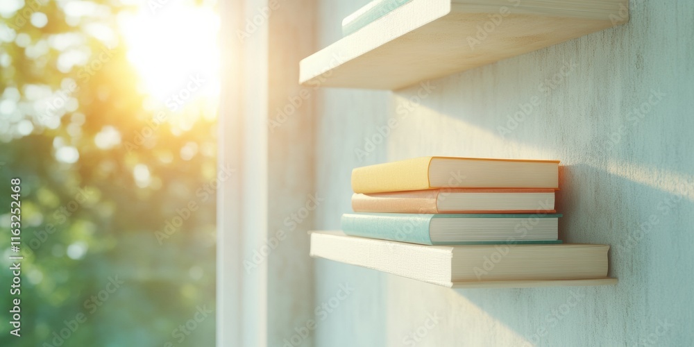 Poster sunlit books on floating shelves a tranquil study atmosphere