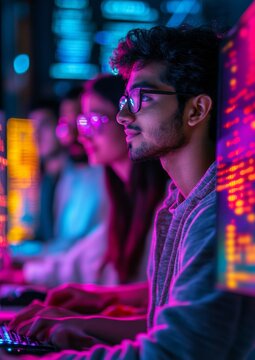 Young Programmers Collaborating in Neon-Lit Hackathon Setting