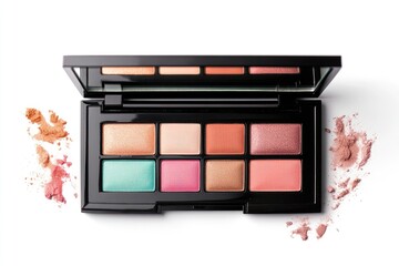 Open eyeshadow palette with assorted colors and shades