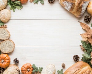 Rustic Autumn Harvest Flat Lay with Bread and Pumpkins