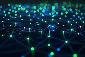 Obraz premium An abstract image of glowing green nodes connected by thin blue lines on a dark background suggests a network or data visualization. It appears to represent a technological or interconnected concept f
