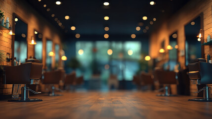 modern barbershop interior with stylish chairs, warm lighting, and cozy atmosphere. blurred background creates sense of depth and tranquility