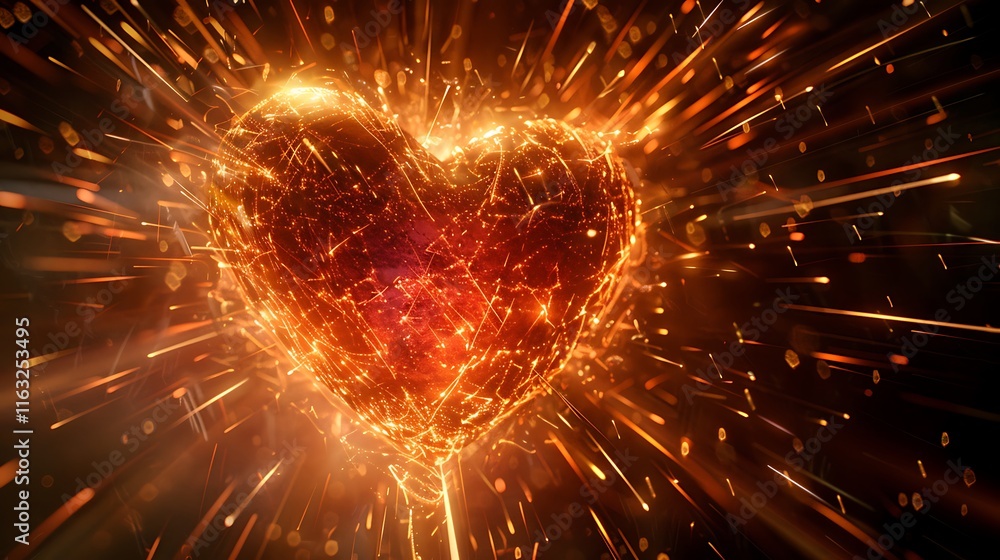 Poster digital rendering of a heart engulfed in fiery sparks, symbolizing intense love and passion.