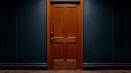 Mysterious Wooden Door: A single, rich mahogany door stands bathed in dim light against a dark blue wall, inviting intrigue and mystery. The image suggests secrets, passageways, and untold stories.