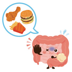 脂っこい食べ物を拒絶する腸のキャラクターイラスト