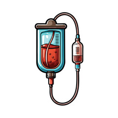 Design a clean, detailed vector illustration of an intravenous (IV) drip system, showcasing the fluid bag, tubing, and needle.  Include realistic shading and highlights.