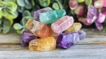 Colorful collection of crystal healing stones sits on a rustic wooden surface, surrounded by greenery, showcasing their natural beauty and clarity
