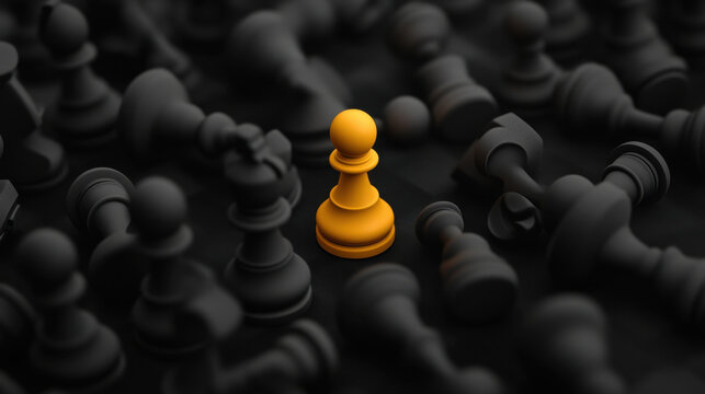 striking image of single yellow pawn surrounded by black pawns, symbolizing uniqueness and individuality in sea of uniformity. contrast highlights importance of standing out
