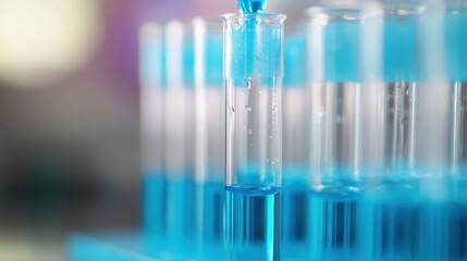 Test tubes in a laboratory setting showcase a vibrant blue liquid being added carefully, illustrating a scientific process in action