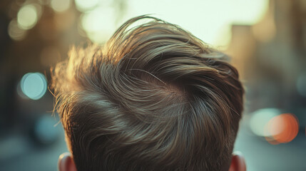 Close up view of person hair with soft, tousled style, capturing warm glow of sunlight in background, evoking sense of calm and tranquility