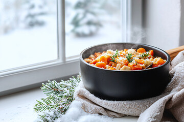 Pot of stew on a snowy windowsill, capturing the essence of a heartwarming winter comfort meal