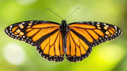 Fototapeta premium Monarch butterfly perches delicately with glistening water droplets on its bright orange wings in a serene garden setting