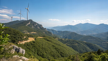 scenic mountain landscape featuring wind turbines against clear blue sky, surrounded by lush greenery and rolling hills. view captures beauty of nature and renewable energy