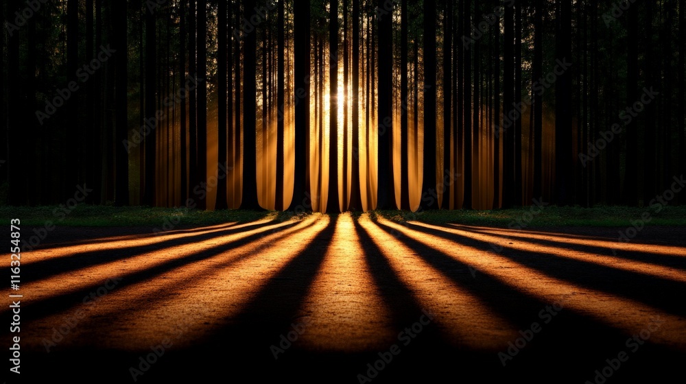 Poster golden forest path: a sunbeam pierces through the dark canopy of trees, casting long shadows on the 