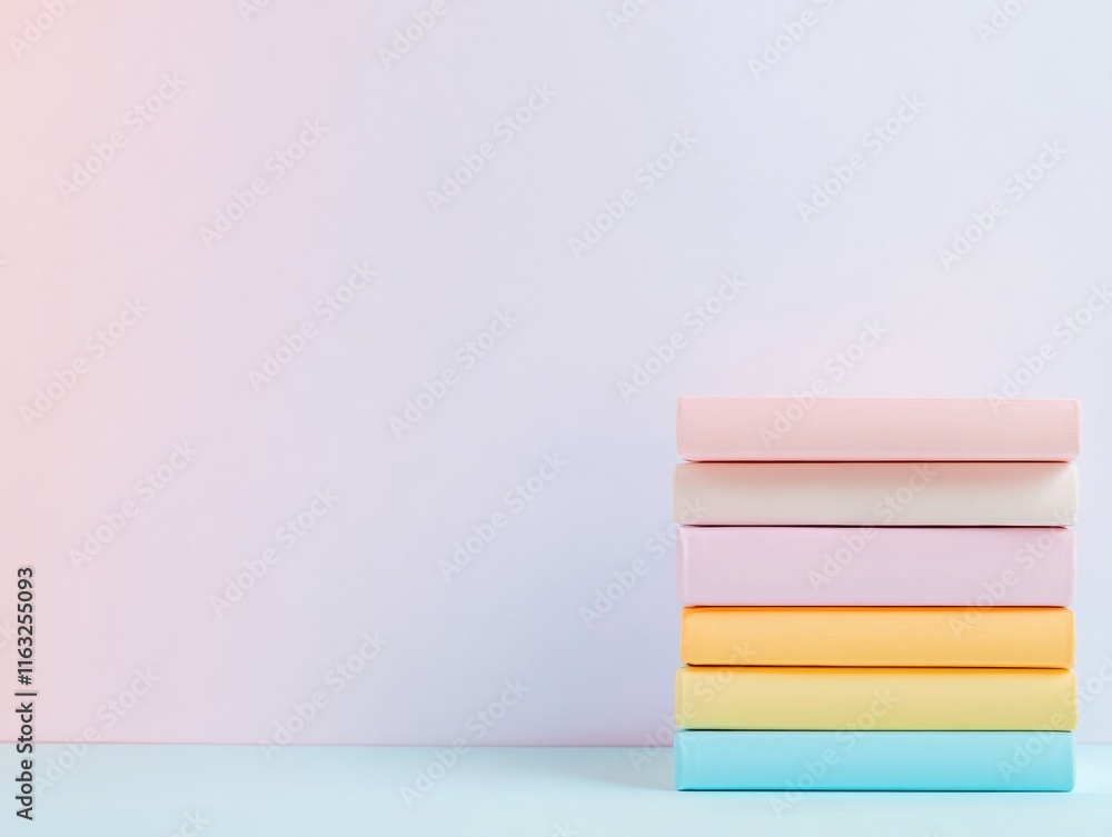 Poster pastel minimalism in study surreal stack of notebooks and calm focus