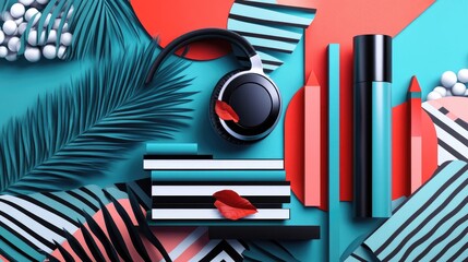 Headphones, cosmetics, and tropical leaves on a colorful abstract background.