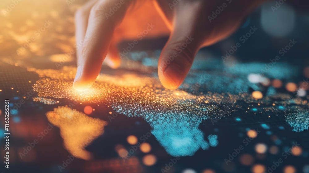 Poster a hand is pointing at a glowing world map, highlighting specific locations with bright lights in a d