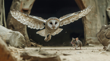 Naklejka premium An Ai generative image of flying barn owl catching mouse in the barn.