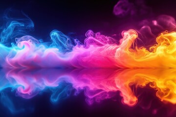 Fototapeta premium Vibrant colorful smoke swirls create dynamic abstract pattern. Rainbow colors blend smoothly into flowing shapes. Vibrant colors mirror across dark surface creating mirrored effect. Abstract design