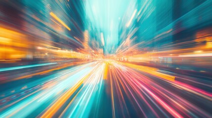 Vibrant city lights blur into colorful streaks, showcasing the energy and motion of urban life during a nighttime long exposure