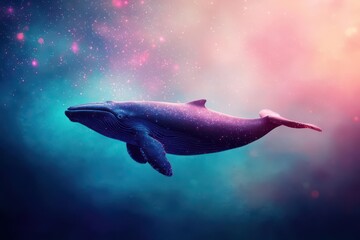 Fototapeta premium Whale swimming gracefully through the ocean, surrounded by tiny glowing plankton, tranquil and serene, photorealistic
