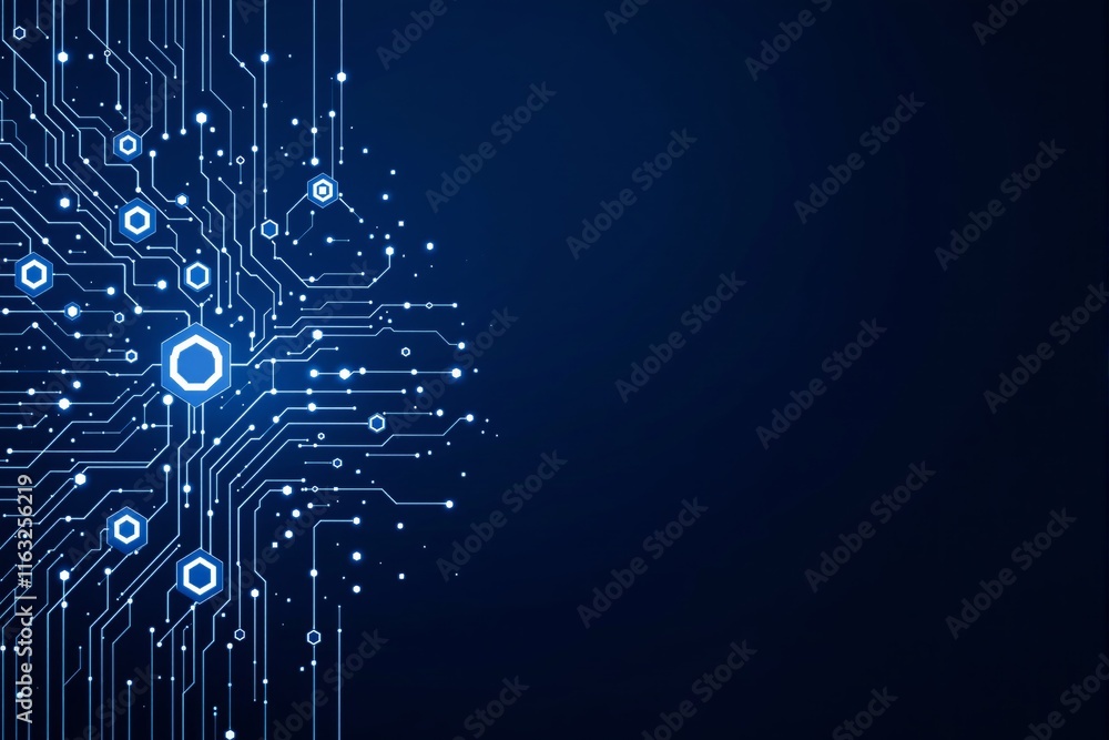 Poster abstract digital circuit pattern with glowing blue connections and hexagonal shapes on a dark blue b
