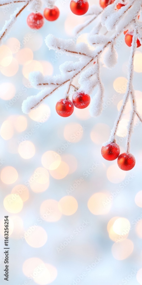 Poster sparkling winter bokeh with snow-dusted branches and red ornaments