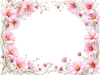 Elegant watercolor illustration of a floral frame with pink cosmos and golden details, creating a romantic and delicate feel, suitable for wedding designs or special occasion cards.