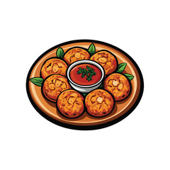 Create a detailed vector illustration of Thai fish cakes (Tod Mun Pla), showcasing their texture, ingredients, and appealing presentation.  Include vibrant colors and realistic detail.