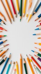Fototapeta premium Creative action with colored pencils on white background art supplies still life minimalist view online learning tools