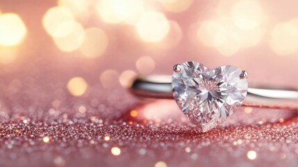 Fototapeta premium A stunning heart shaped diamond ring rests on a soft pink surface, glimmering under soft lights, perfect for proposals or special moments