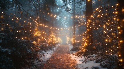 Enchanted Winter Forest with Festive String Lights and Misty Atmosphere
