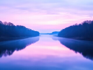 Fototapeta premium Treefringed river at twilight with soft pink and purple hues, serene reflections, peaceful and dreamy ambiance