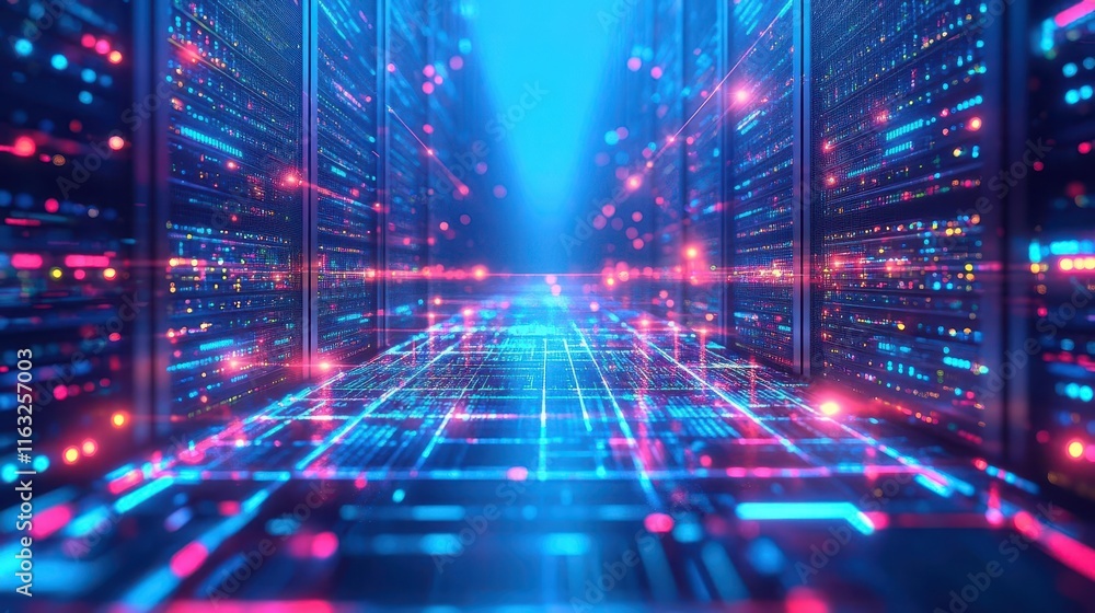 Poster Tower of glowing server racks extending to infinity, computational power, infinite possibilities