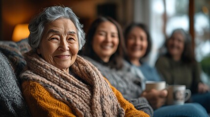 Fototapeta premium Heartwarming Gathering of Diverse Volunteers with Elderly Woman in Cozy Living Room