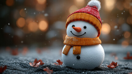cute snowman wearing red hat and orange scarf stands cheerfully against blurred background of warm lights and falling snow. scene evokes cozy winter atmosphere