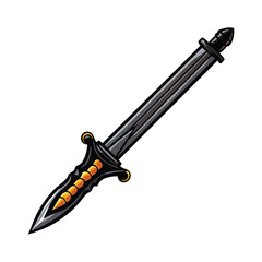 Render a highly detailed, sleek dual-bladed assassin's sword;  emphasize sharp edges, balanced design, and a dark, metallic finish.
