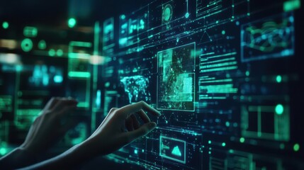 Fototapeta premium Team building a digital ecosystem on AR interfaces, glowing green and blue visuals, dark background, techinspired design