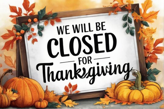 "Thanksgiving Closure Sign with Autumnal Vibes, Turkey, Pumpkin, and Pie on White Background with Cursive Text and Leaves."