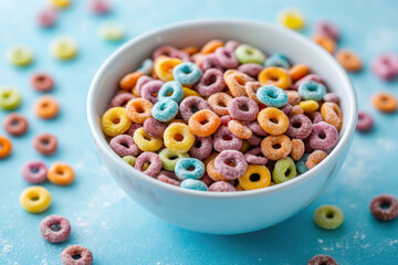 Colorful cereal in white bowl, perfect for breakfast or snack time. vibrant hues of cereal create cheerful and inviting atmosphere