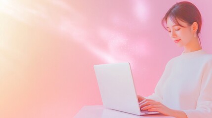 Pastel Workspace Korean Woman Engaging with Digital Finance in Serene Light