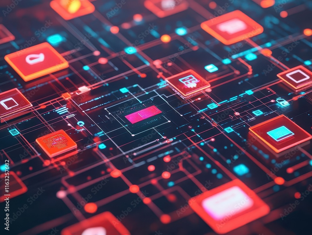 Poster smart devices network, digital ecosystem with dynamic cloud connections, 3d illustration