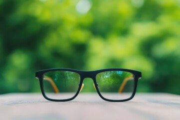 Smart glasses assisting visually impaired individuals with AI narration focus on, accessibility technology, ethereal, manipulation, serene park