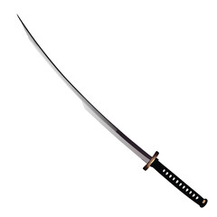 Render a highly detailed image of an elegant katana, its blade flowing gracefully, showcasing its sleek, polished surface and sharp edge.  Focus on metallic reflections and subtle textures.