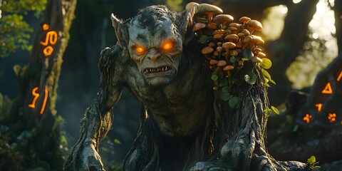 Obraz premium Fantastical forest goblin with glowing eyes and mushroom growth in a mystical woodland setting at dusk. Generative AI
