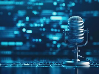 Podcaster recording in a hightech studio, audience tuning in globally, 3D illustration