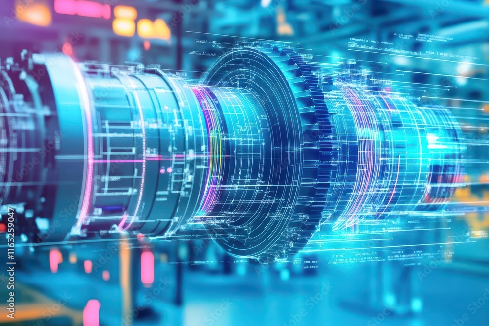 Poster Overlay of a reactor turbine system blueprint on a modern factory backdrop, detailed metallic textures, vibrant energy flow lines