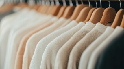 Obraz premium A stylish arrangement of beige and white shirts on wooden hangers showcases minimalist fashion in a contemporary boutique atmosphere
