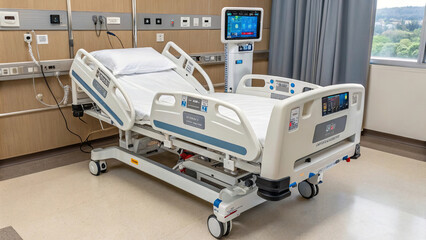 smart hospital bed equipped with sensors and AI technology, designed for patient comfort and monitoring. This advanced medical equipment enhances healthcare efficiency and safety