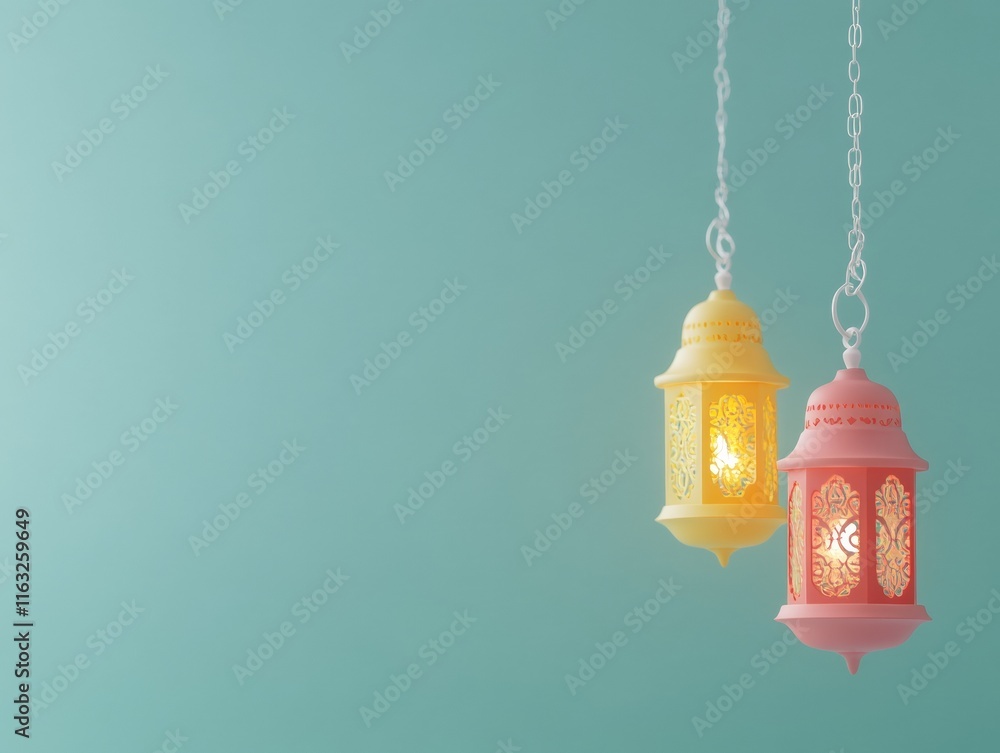 Poster elegant arabesque lanterns illuminated against minimalistic teal background